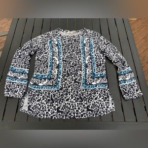 Loft, Ladies White Black and Blueish Green, Animal Print Blouse,‎ S
